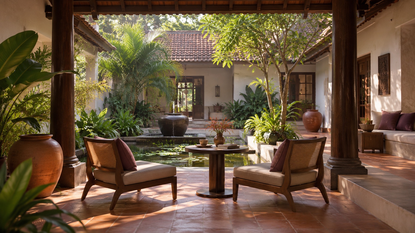 Illustrative boutique courtyard with warm tropical architecture