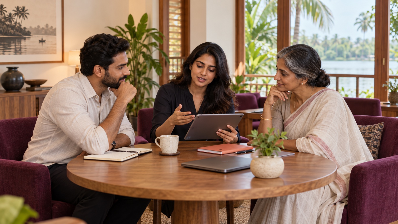 Illustrative business team collaborating in a warm meeting space