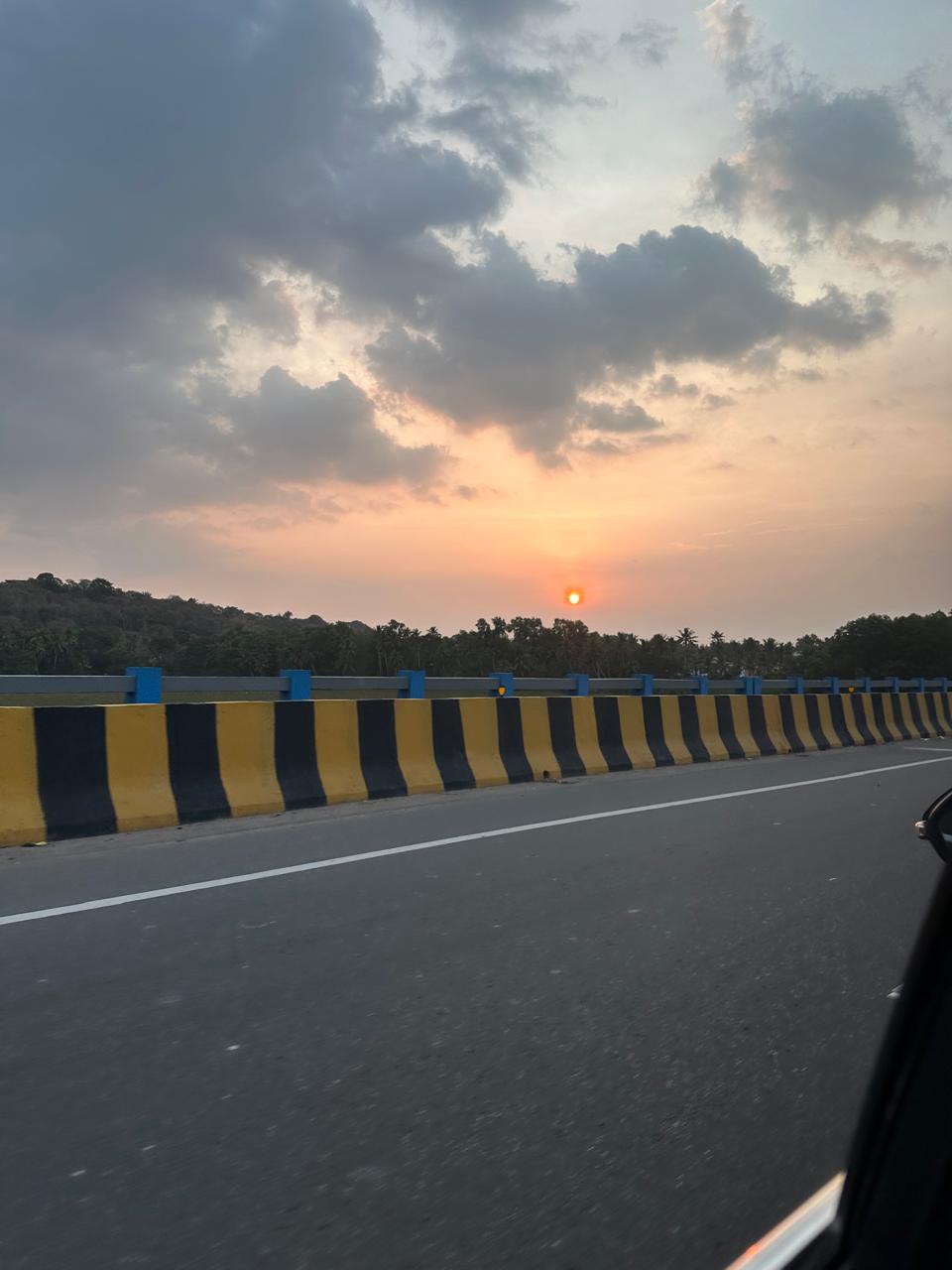 The setting sun above palms beside a coastal road